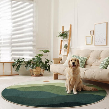 6ft Round Rugs for Living Room,Soft Washable Non-Slip Large Circle Rug,Chic Mountain Low-Pile Circular Bedroom Rug Indoor Round Carpets for Kidsroom/Nursery/Office(Green)