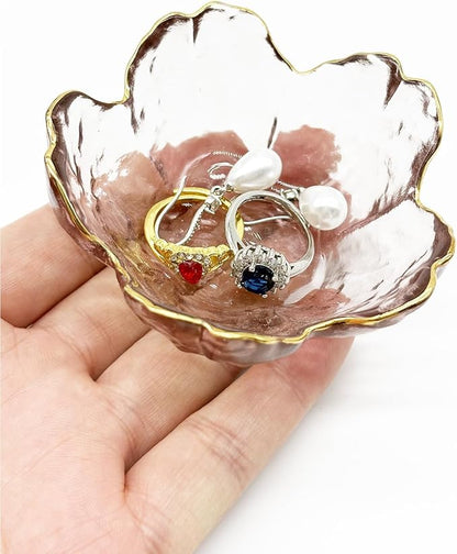 Small Jewelry Dish Tray, Flower Ring Holder, Nightstand Decor Glass Trinket Plate, Crystal Jewlery Bowl for Earrings, Engagement Gifts (Pink)