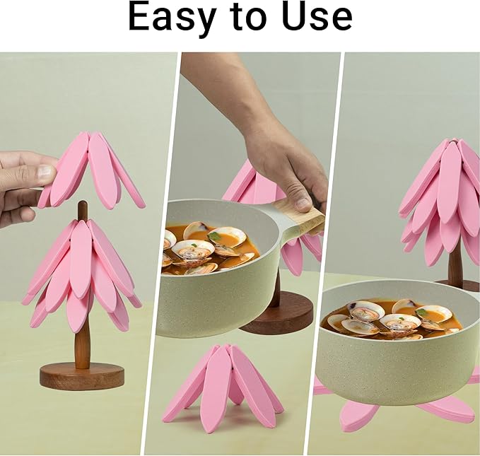 Silicone Trivets Mat Set for Hot Dishes - Tree Trivets with Stand - Hot Pads Pot Holders for Kitchen (Pink)