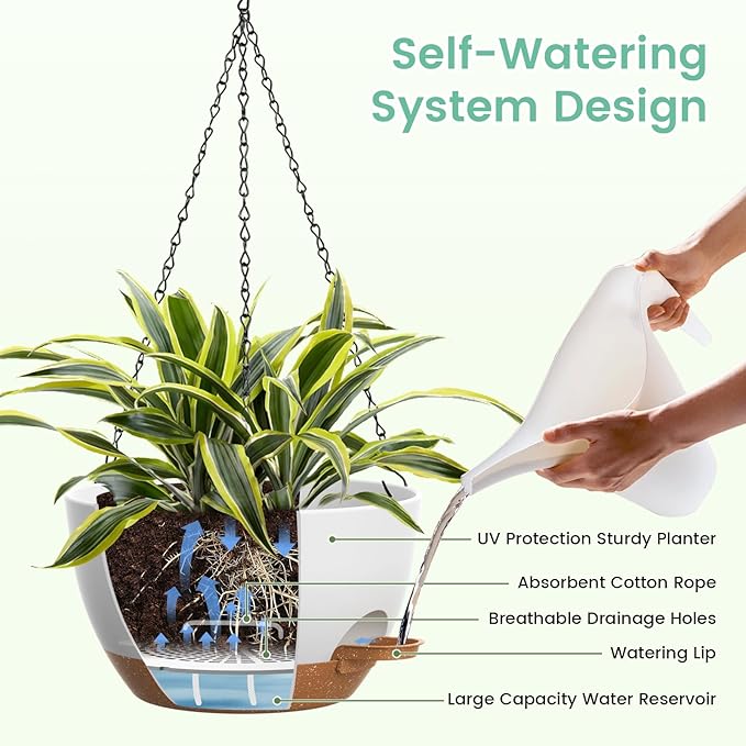 Set of 3-10 Inch Self Watering Hanging Planters for Indoor & Outdoor，Hanging Plant Pots with Drainage & Removable Tray, Hanging Pots Holder for Pothos Plant, Ferns, Balcony & Patio,White with Brown