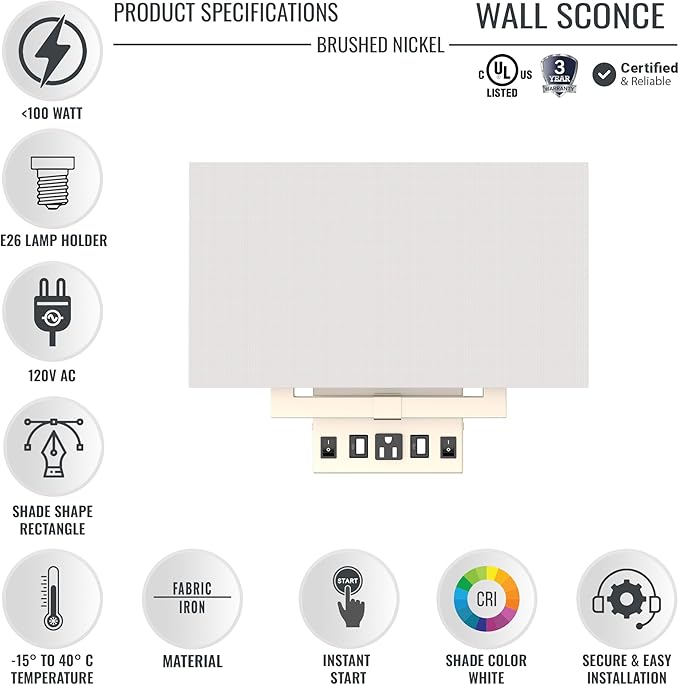 Wall Sconces Set of two Modern Bathroom Light Fixtures with Outlet Indoor Bedside Wall Lamps Set with USB Ports and Outlet, E26 Base, 120V, Brushed Nickel Finish, Iron Body, White Fabric Shade