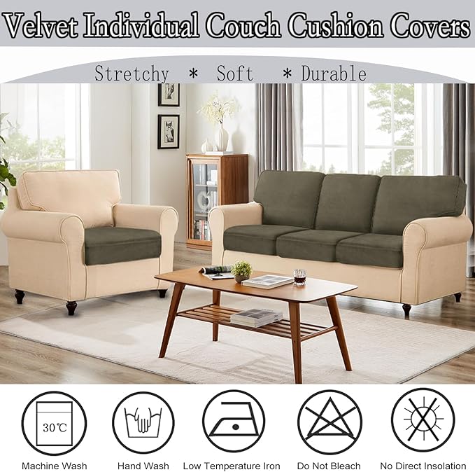NAISI Couch Cushion Covers 1 Piece Velvet Stretch Sofa Seat Covers or Backrest Covers Soft Individual Couch Covers for Sectional Sofa(1 PC for Seat Cushion or Backrest,Olive Green)