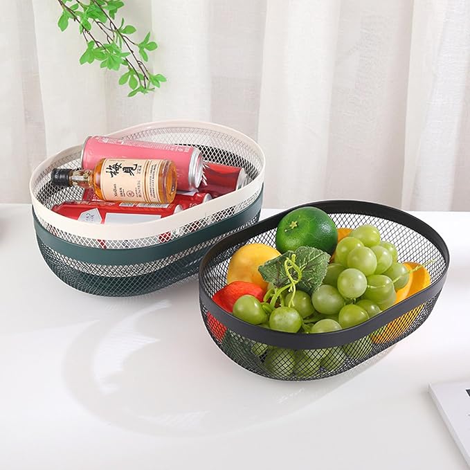 Metal Mesh Steel Basket, Oval Metal Wire Storage Organizer Baskets Multi Functional Kitchen Baskets Countertop Fruit Baskets Garden Harvest Basket for Kitchen Picnic Decor Cabinet Home, Black