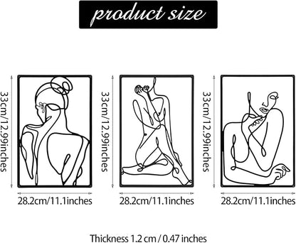 CHENGU 3 Pieces Metal Minimalist Abstract Woman Wall Art Line Drawing Wall Art Decor Single Line Female Home Hanging for Kitchen Bathroom Living Room