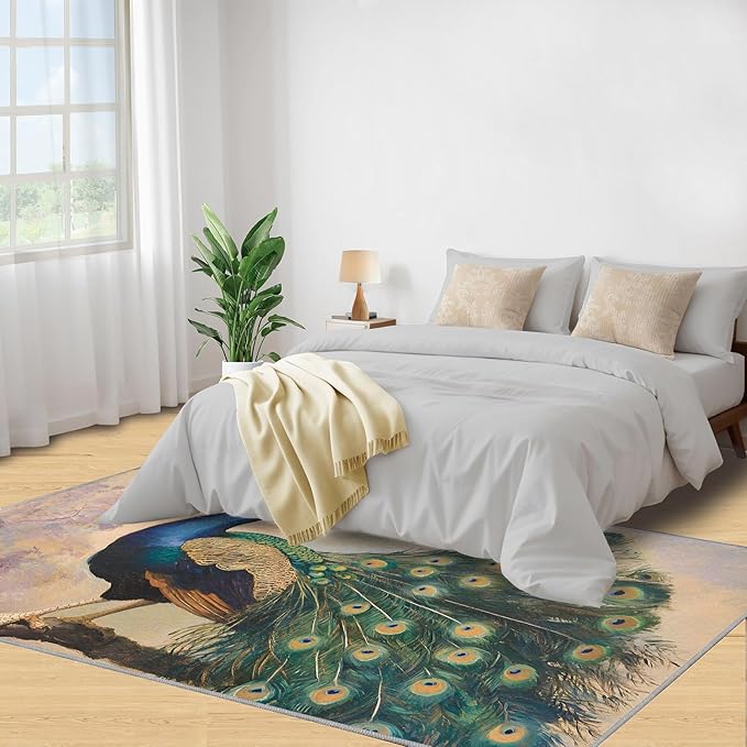 Peacock 4x6 Area Rugs for Living Room, Classic Animal Washable Non Slip Rugs, Gorgeous Feathers Low Pile Print Rug for Bedroom, Dining Room, Home Office
