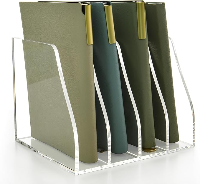 Acrylic Magazine File Holder, 4 Vertical Compartments Desk Document Sorter Organizer, Clear Folder Rack Binder for Office, Documents, Tablets, Magazines, Books – Home/Classroom Rack