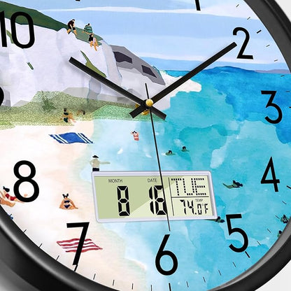 Silent Wall Clock with Temperature Day and Date Blue Mountain and Sea Beach Non-ticking Kitchen Clock Digital Large Display Battery Operated Clocks Decor for Bathroom Living Room Office 12 Inch