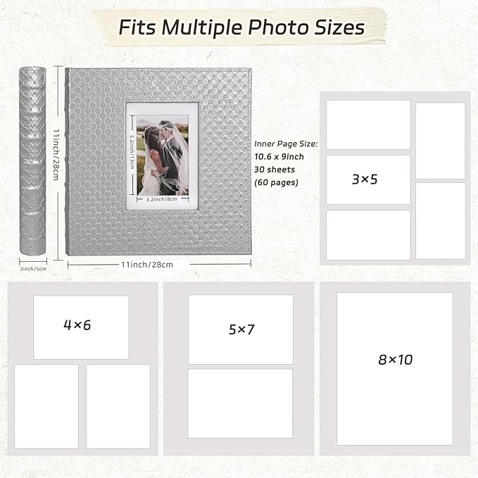 RECUTMS 30 DIY Photo Albums with Sticky Pages Button Grain Leather Cover 4x6 5x7 8x10 Photos of Any Size Wedding Photo Album Baby Picture Book Family Scrapbook Photo Album (Gray)