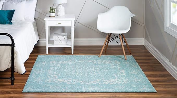 Rugs.com Arlington Collection Rug – 5 Ft Square Aqua Medium-Pile Rug Perfect for Living Rooms, Kitchens, Entryways