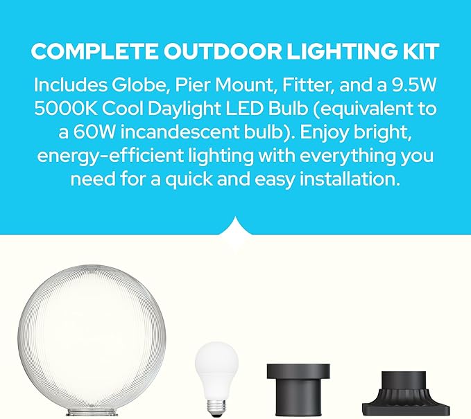 KASTLITE 12" Globe Pier Mount Outdoor Lighting with LED Lamp | UV & Waterproof Pillar & Column Lights | Deck Driveway Yard Patio & Garden Fixture | Made in USA | Prismatic Cover, Black Decorated Base