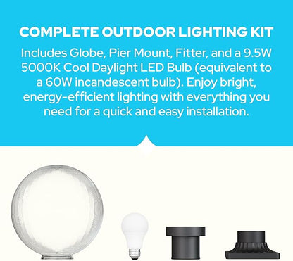 KASTLITE 12" Globe Pier Mount Outdoor Lighting with LED Lamp | UV & Waterproof Pillar & Column Lights | Deck Driveway Yard Patio & Garden Fixture | Made in USA | Prismatic Cover, Black Decorated Base