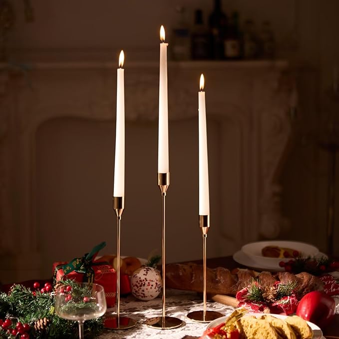 Solid Taper Candle Holders Set of 6, Champagne Gold Long Skinny Candlestick (Heights: 9/11/13 Inch), Heavy Iron Anti-Slip Base for Fireplace Mantle Table Centerpiece Christmas Decor