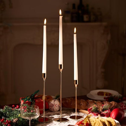 Solid Taper Candle Holders Set of 3, Champagne Gold Long Skinny Candlestick (Heights: 9/11/13 Inch), Heavy Iron Anti-Slip Base for Fireplace Mantle Table Centerpiece Christmas Decor