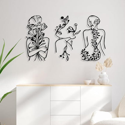 Photect 3 Pcs Metal Wall Art Decor Minimalist Abstract Woman Wall Art Metal Modern Line Drawing Decor Female Single Line Home Hanging for Bedroom Bathroom Living Room Christmas Housewarming(Plant)