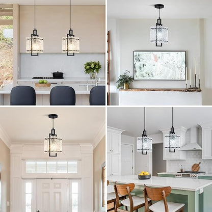 Black Glass Pendant Lights Kitchen Island, Modern Pendant Light Fixtures with Water Ripple Glass Square Pendant Lighting for Dining Room Kitchen Island