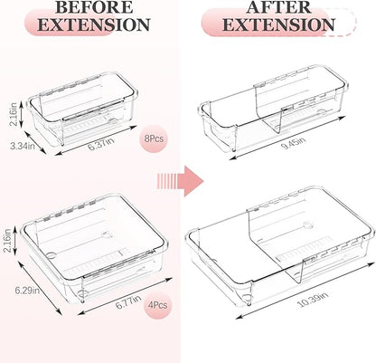 DILIBRA 12 Pcs Clear Extendable Drawer Organizer, Adjustable Drawer Storage 2-Size Desk Drawer Organizer, Plastic Non-Slip Storage Bins for Makeup, Cosmetic, Jewelries, Utensils, Stationery, Dressers