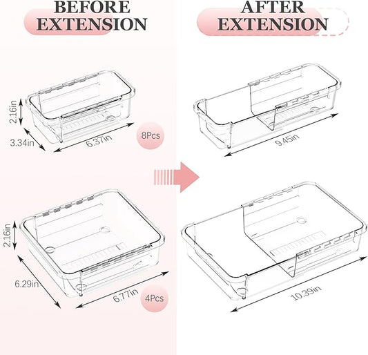 DILIBRA 12 Pcs Clear Extendable Drawer Organizer, Adjustable Drawer Storage 2-Size Desk Drawer Organizer, Plastic Non-Slip Storage Bins for Makeup, Cosmetic, Jewelries, Utensils, Stationery, Dressers