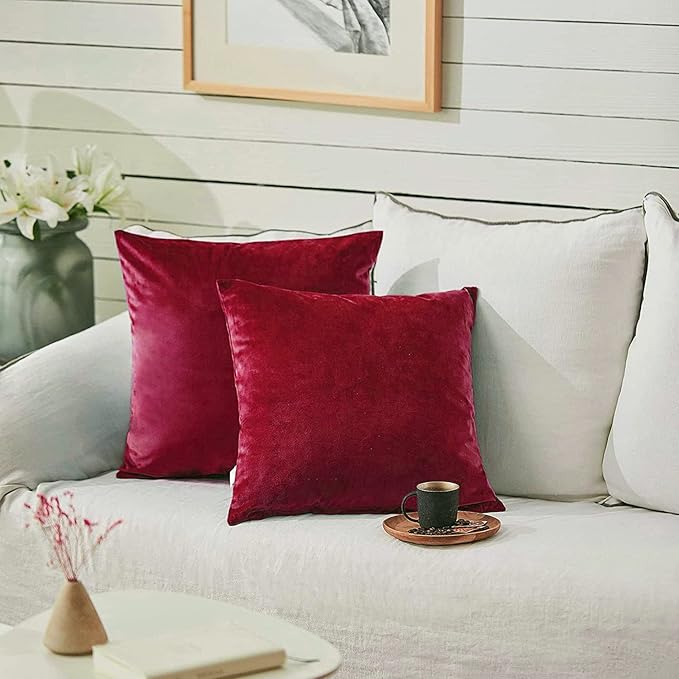 FY FIBER HOUSE Pack of 2 Velvet Throw Pillow Covers Christmas Decorative Square Pillowcase Soft Solid Cushion Case for Sofa/Couch Use, 16 x 16 Inch Red