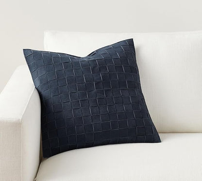 Genuine Lamb Leather Cushion Pillow Cover - Luxury Leather Pillow Case - Modern, Boho, Farmhouse Home Decor - Bedroom Couch, Living Room, Sofa Bed (Basketweave - Navy, 22" x 22")