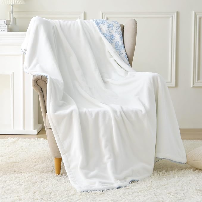 Viviland Fleece Throw Blanket Reversible Muslin Blankets, Soft Throw Blanket for Couch and Bed, Breathable Quilt Bedspread, Gauze Bedding for Adults, Large 50x70 inch, Blue Nerrah