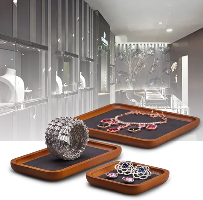 Solid Wood Jewelry Display Flat Tray for Rings Earrings Necklace Bracelet, Jewelry Photograph Display(Grey,S)