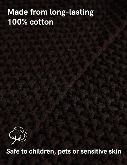 YnM Chunky Cotton Knit Throw Blanket, Cable Knit Throws for Bed Couch Sofa, Comfy & Relaxing, Decorative Piece for Farmhouse Modern Boho Rustic Scandinavian Chic Vibe, Chocolate Brown 80x87 Inches