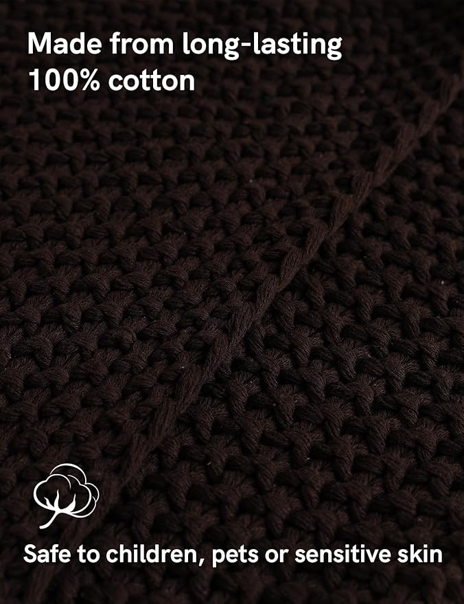 YnM Chunky Cotton Knit Throw Blanket, Cable Knit Throws for Bed Couch Sofa, Comfy & Relaxing, Decorative Piece for Farmhouse Modern Boho Rustic Scandinavian Chic Vibe, Chocolate Brown 50x60 Inches