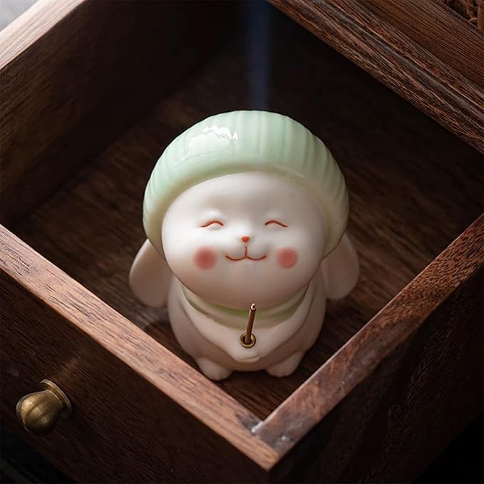 3 Pcs-Incense Holder Cute Resin Rabbit Incense Stick Holder Set with Bamboo Ash Catcher Tray - Animal Incense Burner for Meditation, Yoga & Home Decor (Fits Standard Incense Sticks)