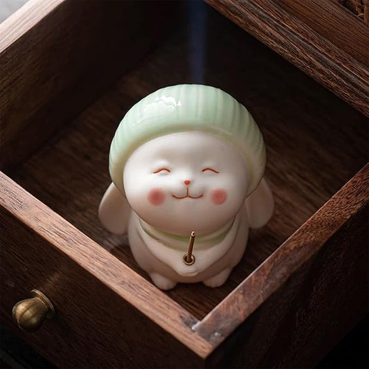 3 Pcs-Incense Holder Cute Resin Rabbit Incense Stick Holder Set with Bamboo Ash Catcher Tray - Animal Incense Burner for Meditation, Yoga & Home Decor (Fits Standard Incense Sticks)
