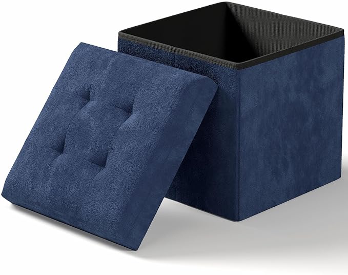 Folding Storage Ottoman Bench, Multi-Functional Ottoman Footrest, End of Bed Bench, Storage Chest for Living Room, Bedroom, Hallway, Entryway, Holds Up to 300 lbs (Navy Blue, 15 Inches)