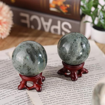 moonsix Natural Labradorite Crystal Sphere with Resin Stand Healing Energy Stone Decorative Ball Sculpture for Home Office Tabletop, 41-50 mm