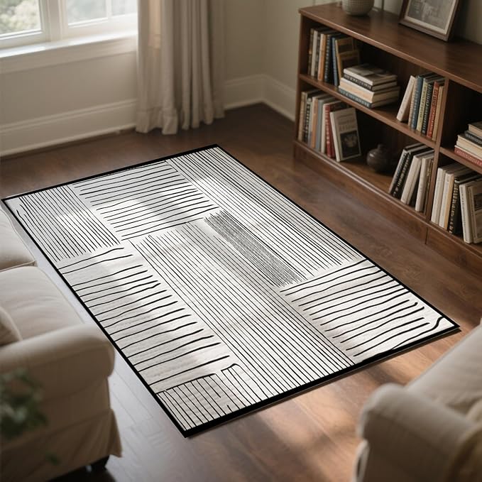 Area Rug 3.3x5 Feet Abstract Lines, Non-Slip Comfort Floor Mat Washable Rug Modern High Traffic Durable for Living Room, Bedroom, Home Office (Black White)