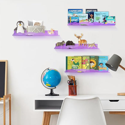 Rainbow Acrylic Floating Shelves, 15in Kids Wall Mounted Nursery Bookshelves, Display Ledge for Books Toys Cosmetic Storage, Bathroom Bedroom Living Room Wall Organizer, 4 Pack, Purple