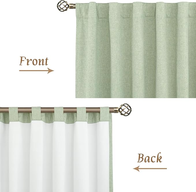 LAMIT Natural 100% Blackout Linen Curtains, 45 Inches Linen Textured Thermal Bedroom Curtains Back Tab and Rod Pocket Neutral Panels with White Liner for Farmhouse, 2 Panels, 38 x 45 Inch, Light Green