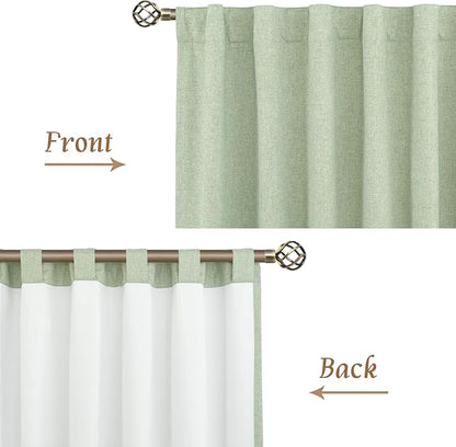 LAMIT 100% Blackout Linen Curtains, 45 Inches Linen Textured Thermal Bedroom Curtains Back Tab and Rod Pocket Neutral Panels with White Liner for Farmhouse, 2 Panels, 42 x 45 Inch, Light Green