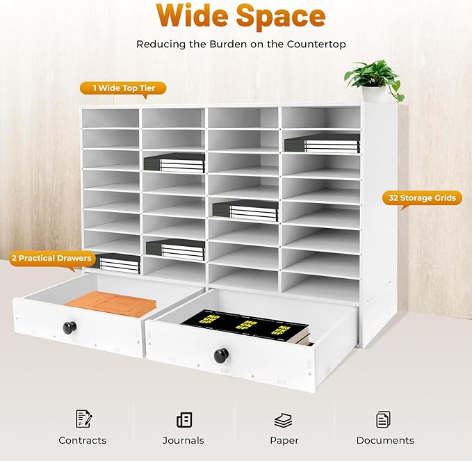 Literature Organizer with 32 Compartments | Adjustable Desktop File Sorter Mail Center for Home, Office & Classroom | PVC Paper Storage Cabinet with 2 Drawers and Shelves, White