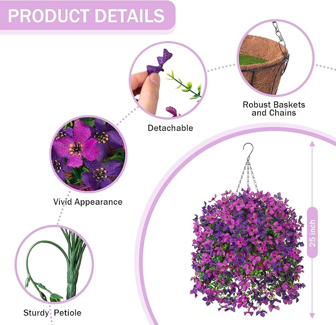Artificial Hanging Flowers Plants with Basket for Outdoors, Realistic Faux Silk Daisy Flower Eucalyptus for Spring Decor, UV Resistant Fake Plants for Porch Patio Yard Balcony, Violet