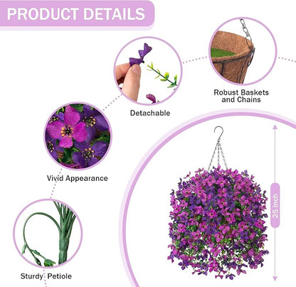 Artificial Hanging Flowers Plants with Basket for Outdoors, Realistic Faux Silk Daisy Flower Eucalyptus for Spring Decor, UV Resistant Fake Plants for Porch Patio Yard Balcony, Violet