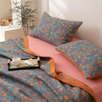 100% Cotton Muslin Blanket Jacquard Rustic Floral Leaves Print Quilt, Soft Bed Cover 3 Layers Reversible Bedspread Coverlet Breathable Lightweight Bedding Twin(59"x94"), No Pillow Sham