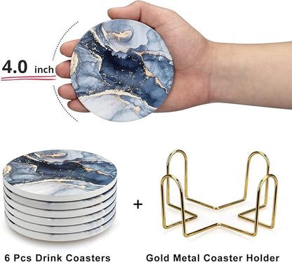 Coasters Set of 6, Navy Blue Marble Abstract Round Ceramic Coasters with Holder, Best Absorbent Drink Coaster Set, Coffee Table Decor for Home Decor House Warming Gifts New Home