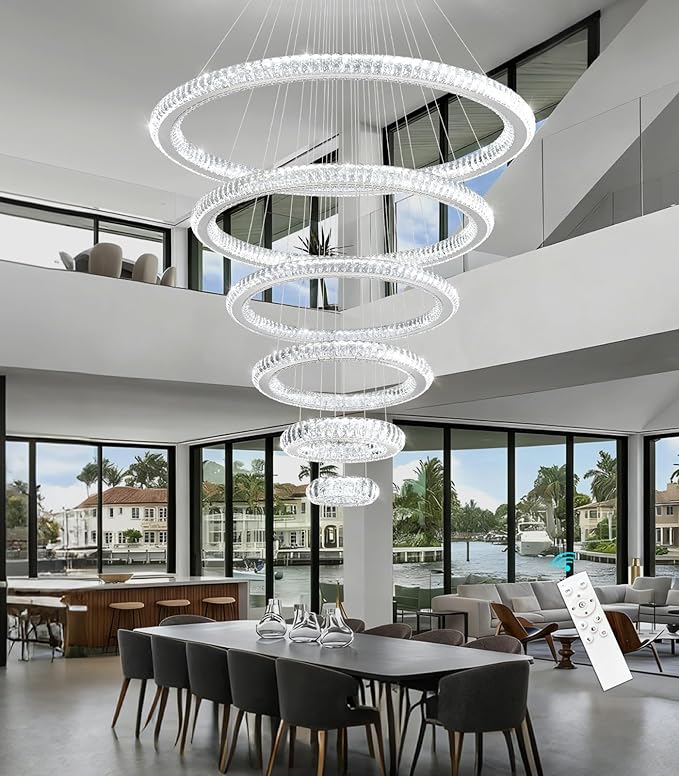 Modern Chandelier 8"+16"+24"+32"+40"+47" 6 Rings Crystal LED Dimmable Lighting Foyer Entryway High Ceiling Living Room Chanderliers Pendant Lights Fixtures Silver Light