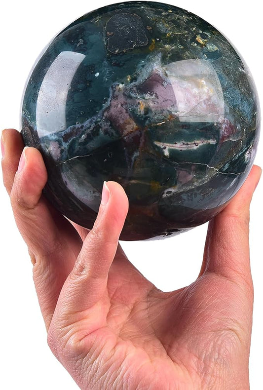 JIC Gem Extra Large Ocean Jasper Crystal Sphere Decorative Crystal Ball Healing Gemstone Sphere for Meditation Office Table Decorations 110-120mm