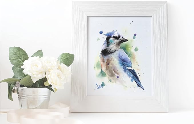 Watercolor Blue Jay Wall Art Print - Perched Bird Painting - Animal Decor