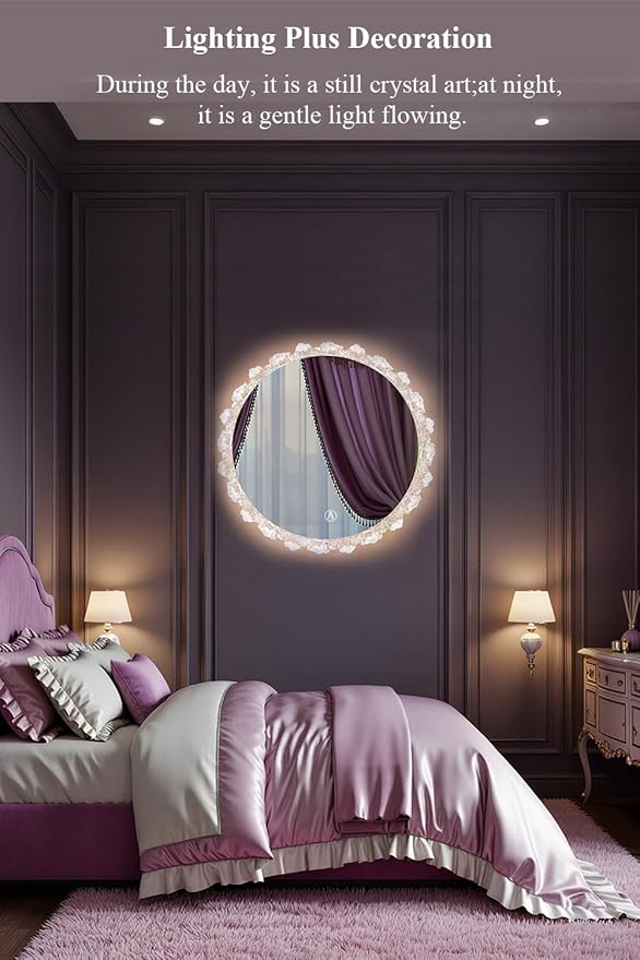 Crystal LED Vanity Mirror with Touch Control 3 Color Lights, Dimming 360° Rotation Elegant Luxury Wall Mounted HD Decorative Mirror(Wall Mounted Mirror-50cm)