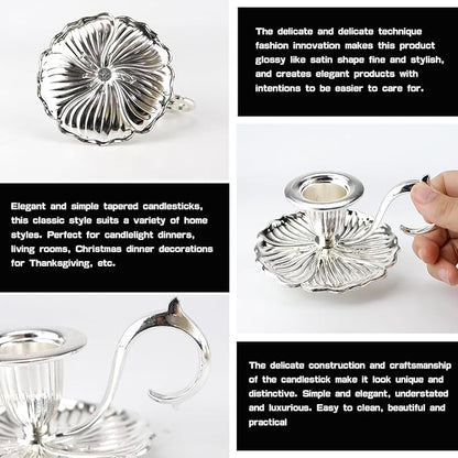 Vintage Candle Stick Holder, Handle Stand Iron Candle Stick Holder, Small Taper Candle Holder for Table Home Decoration (Silver)