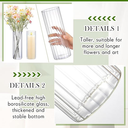 2 Pcs 12 Inch Tall Glass Ribbed Cylinder Vases Clear Floating Candle Flower Vase in Bulk, Hurricane Candle Holder for Wedding Housewarming Gift Table Centerpieces