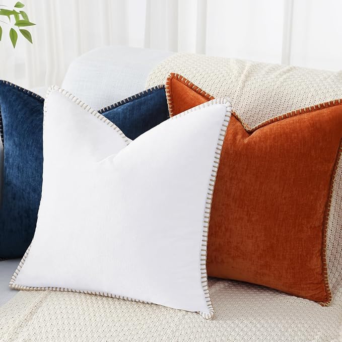 decorUhome Spring Chenille Soft Throw Pillow Covers 16x16 Set of 2, Farmhouse Velvet Neutral Decorative Pillow Covers with Stitched Edge for Couch Sofa Bed Home Decor, White
