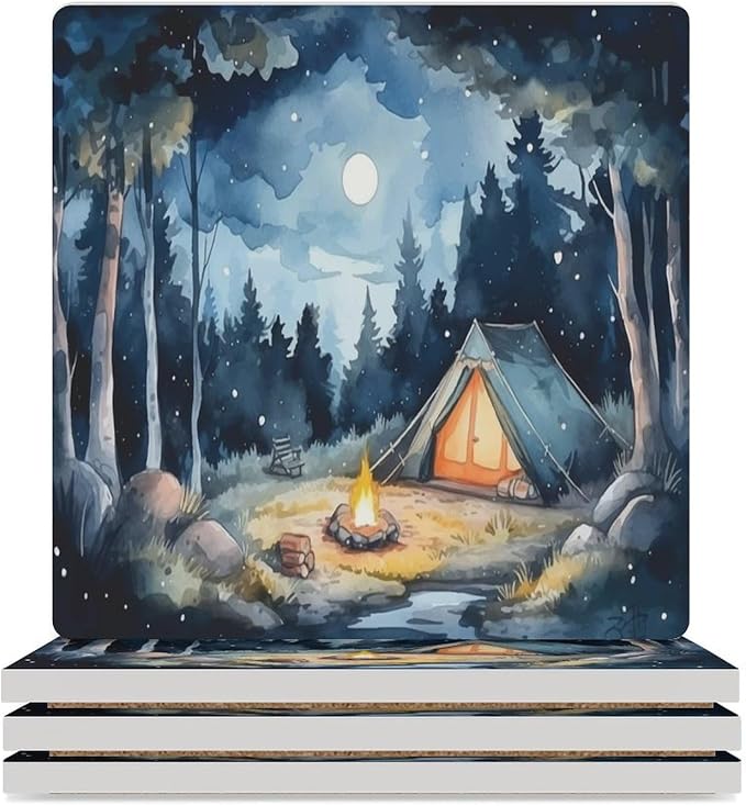 Square-4PCS Forest Ceramic Coasters, Square Absorbent Drink Coasters, Watercolor Mountain Forest Nature Tree Woodland Camping Ceramic Table Coasters for Coffee, Beverage, Wine, Beer Coasters