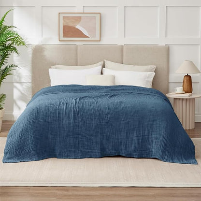 100% Cotton Muslin Blanket Queen 90" x 90", 6 Layers Breathable and Lightweight Cotton Throw Blanket for Bed, Soft Quilt Bedspread Coverlet, Gauze Blanket for Adults All Season, Blue
