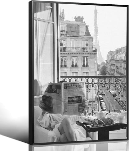 Black and White Photography Canvas Wall Art, Woman Reading Newspaper In Paris Hotel Aesthetic Poster, Retro Paris Tower Museum Photo Print, Luxury Fashion Breakfast Wall Decor 12x16in Framed